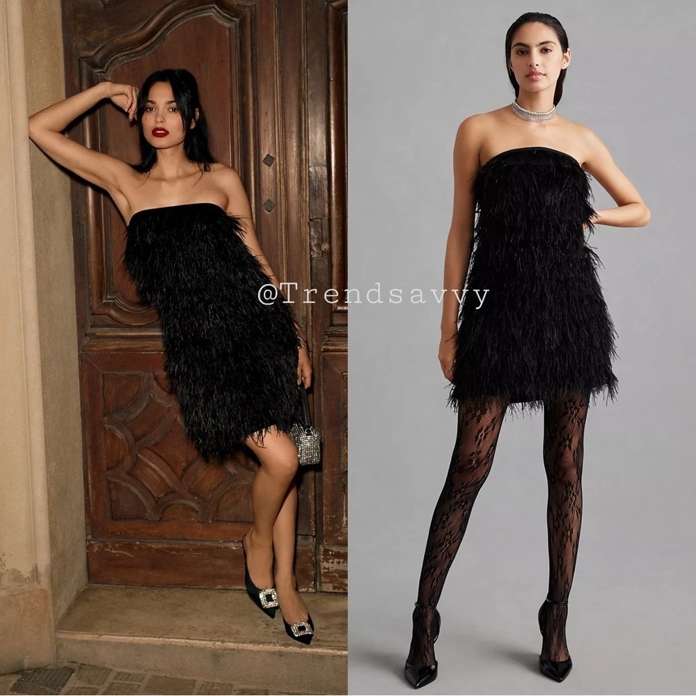 Anthropologie Vineet Bahl Black Strapless Faux Feather Mini Dress Formal Event L